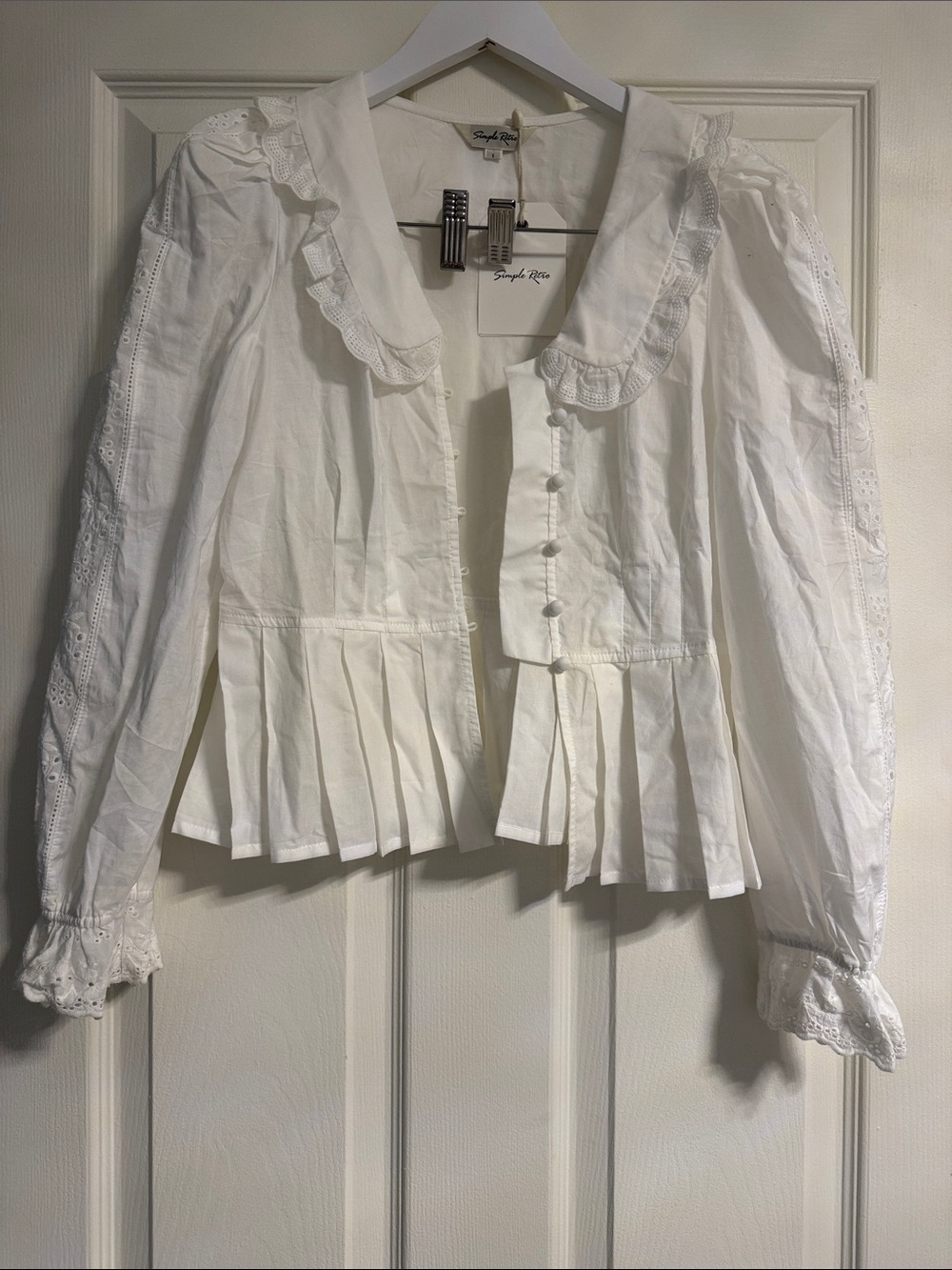 LoveShackFancy White Eyelet Pleated Peplum Blouse
